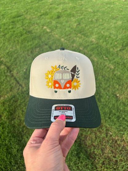 Groovy Hippie Bus with Flower |  Front Trucker Hat with Adjustable Snap Back