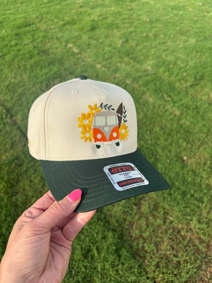 Groovy Hippie Bus with Flower |  Front Trucker Hat with Adjustable Snap Back