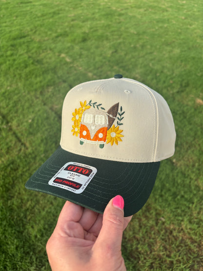 Groovy Hippie Bus with Flower |  Front Trucker Hat with Adjustable Snap Back