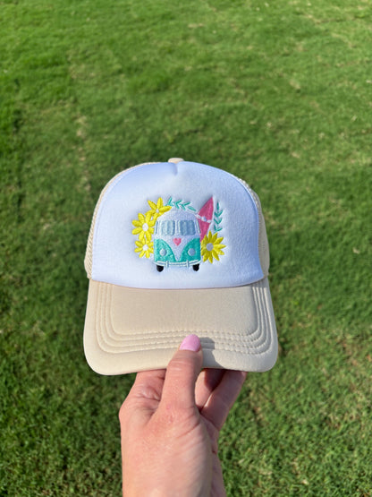 Cute Hippie Bus with Daisy Flowers |   Front Trucker Hat with Adjustable Snap Back