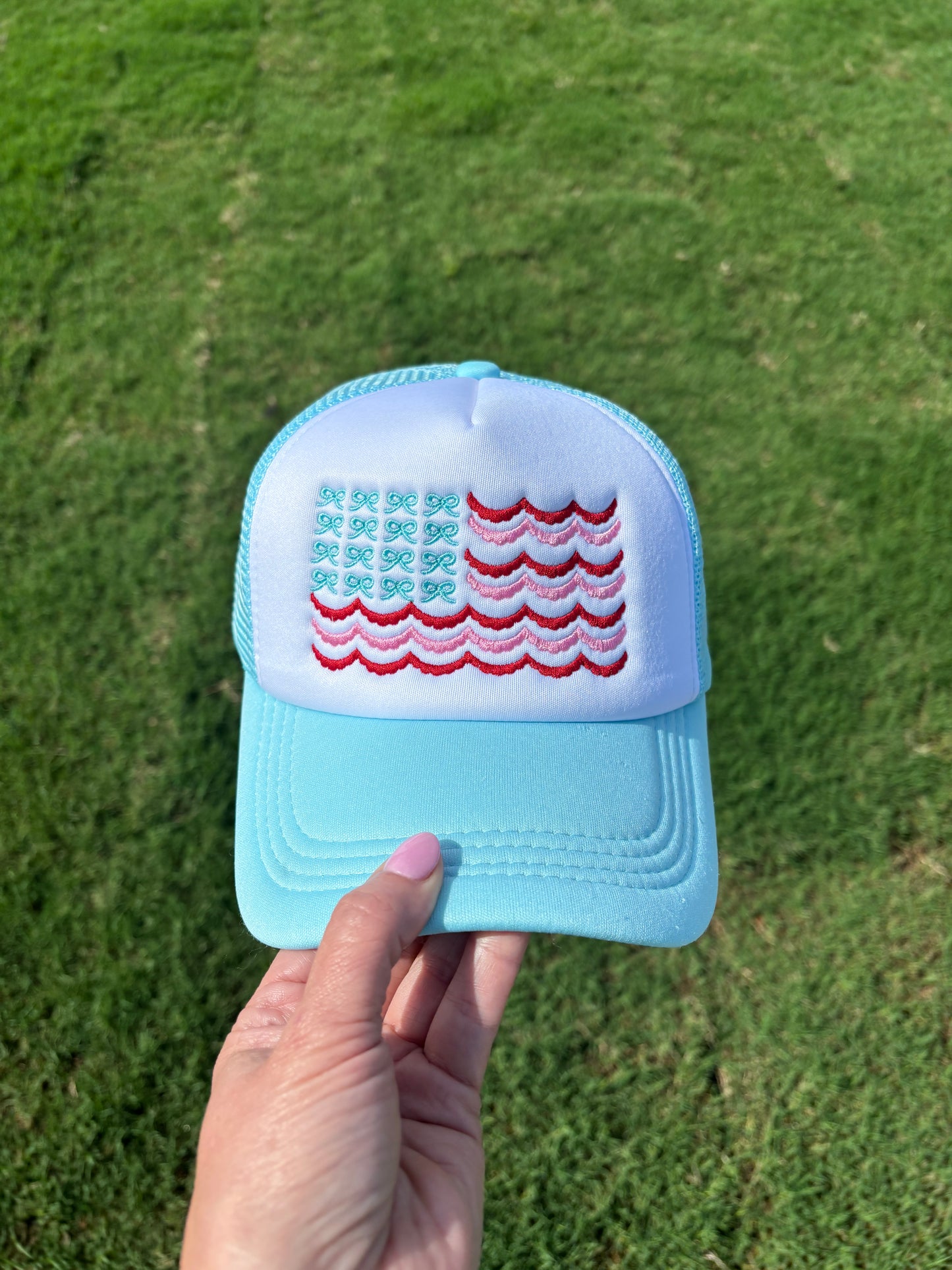 Coquette Bow Flag America 4th of July Embroidered Foam Front Trucker Hat with Adjustable Snap Back