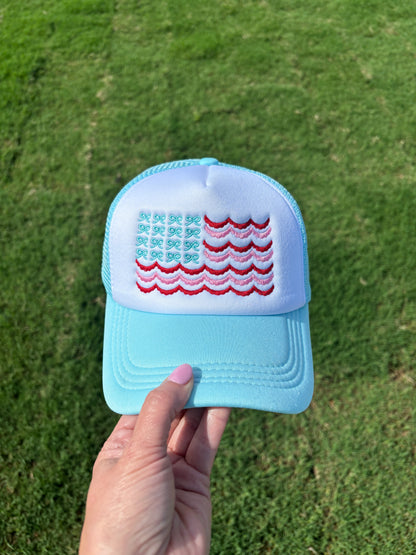 Coquette Bow Flag America 4th of July Embroidered Foam Front Trucker Hat with Adjustable Snap Back