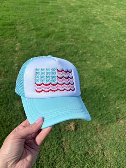 Coquette Bow Flag America 4th of July Embroidered Foam Front Trucker Hat with Adjustable Snap Back