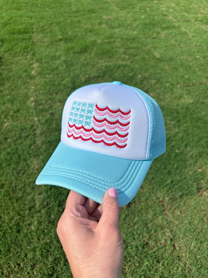 Coquette Bow Flag America 4th of July Embroidered Foam Front Trucker Hat with Adjustable Snap Back