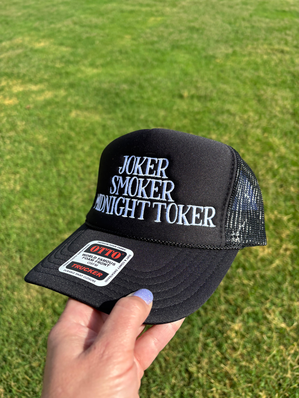 Joker Smoker Midnight Toker Foam Front Trucker Hat with Adjustable Snap Back