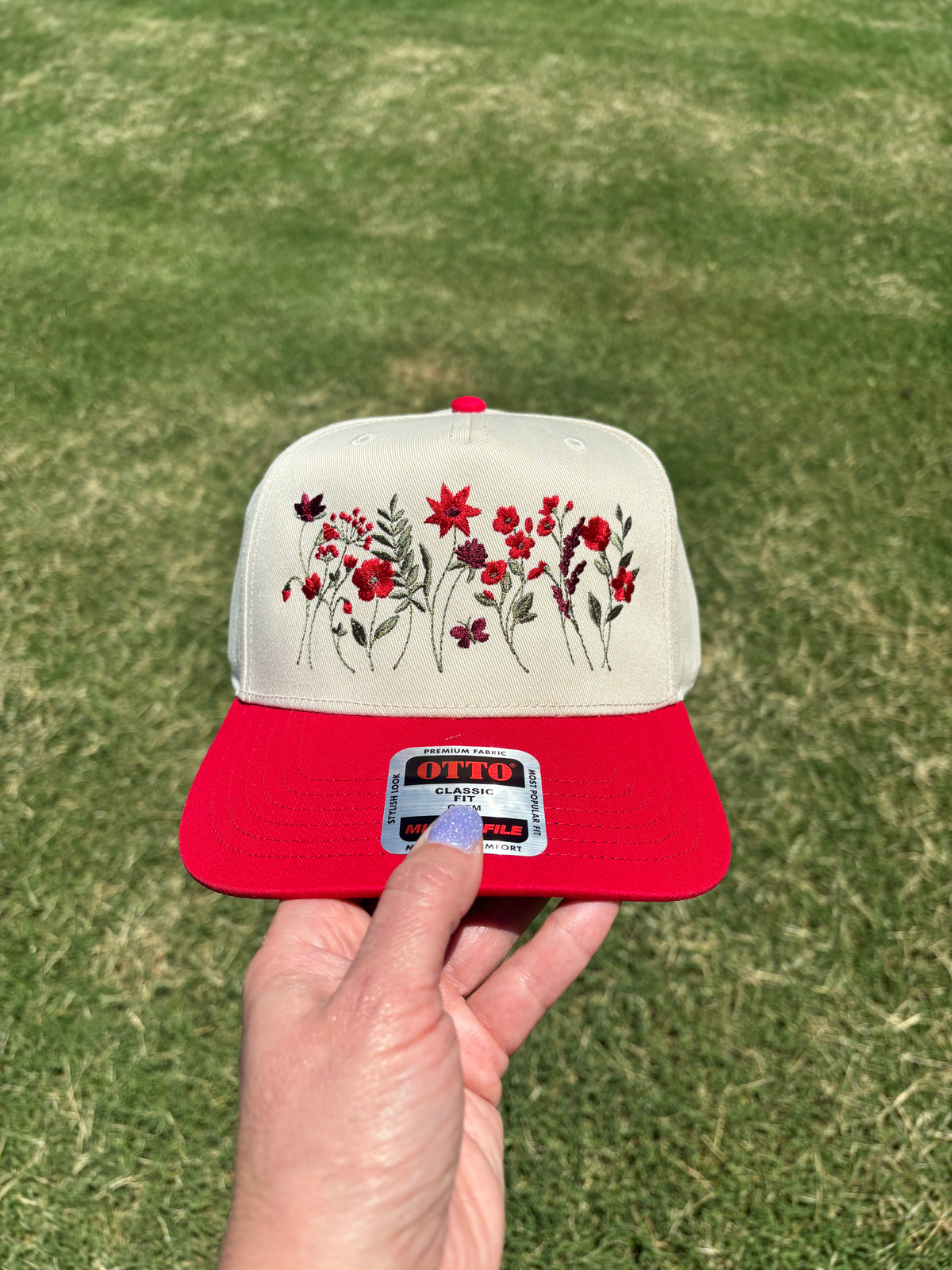 Red Wildflowers Canvas Hat with Adjustable Snap Back