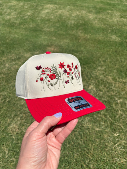 Red Wildflowers Canvas Hat with Adjustable Snap Back