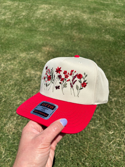 Red Wildflowers Canvas Hat with Adjustable Snap Back