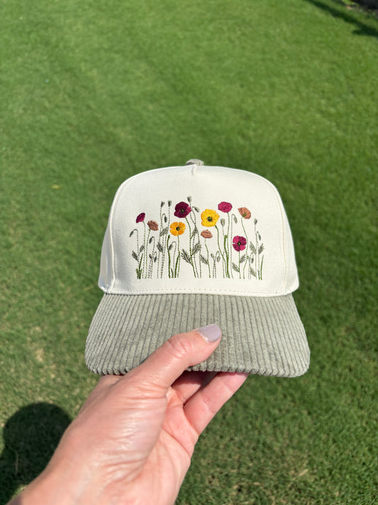 Anemone Poppy Fall Color Flowers Hat with Adjustable Snap Back
