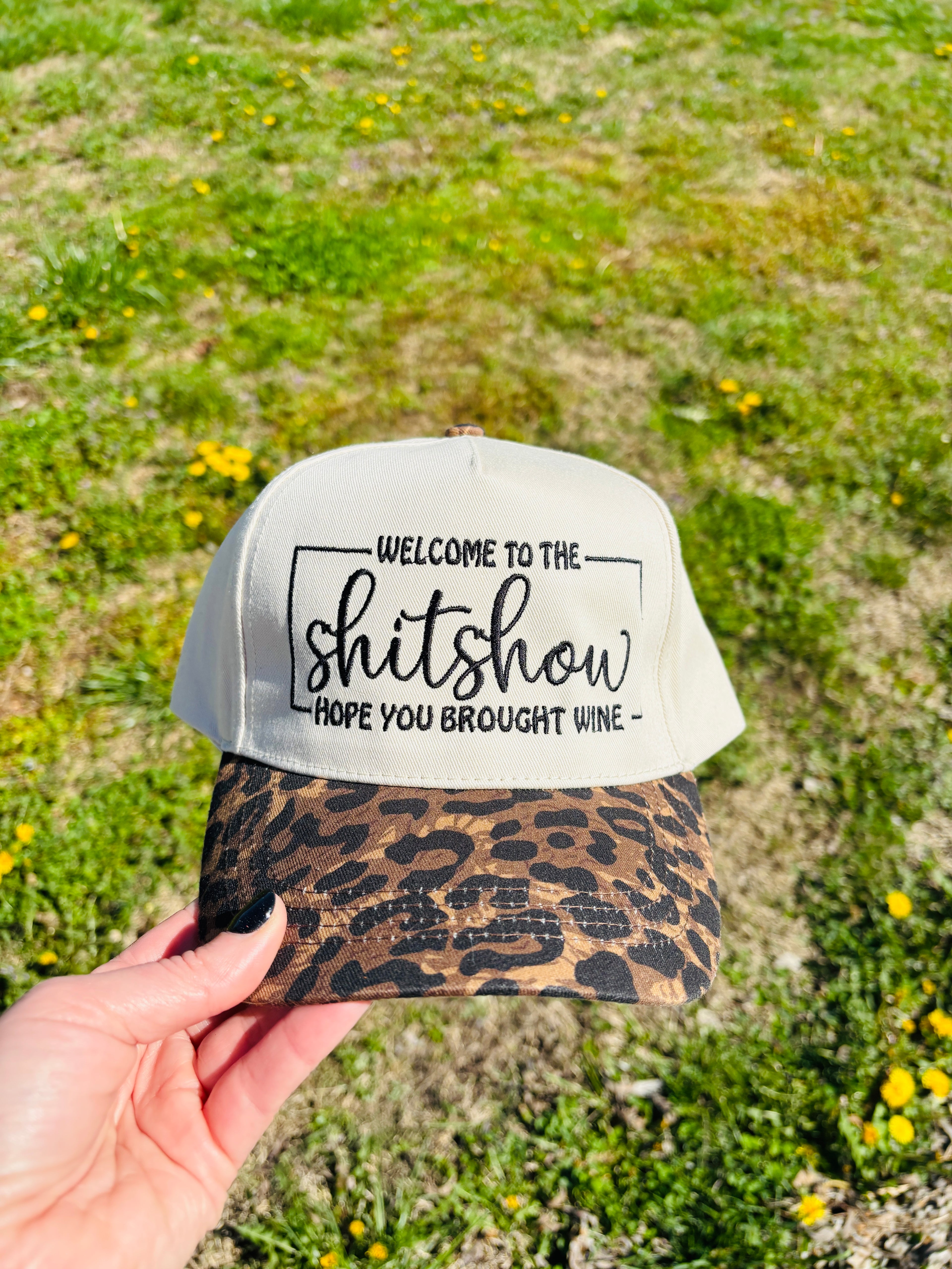 Embroidered Welcome to the Shitshow Hope you Brought Wine Ball Cap with Leopard Print Bill  Adjustable Snap Back