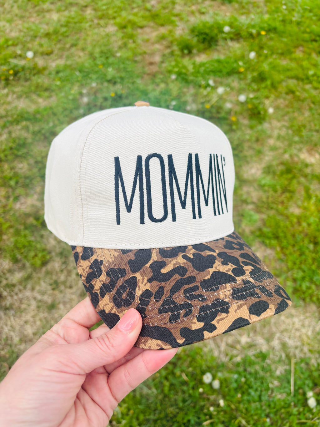 Embroidered Mommin' Ball Cap with Leopard Print Bill  Adjustable Snap Back