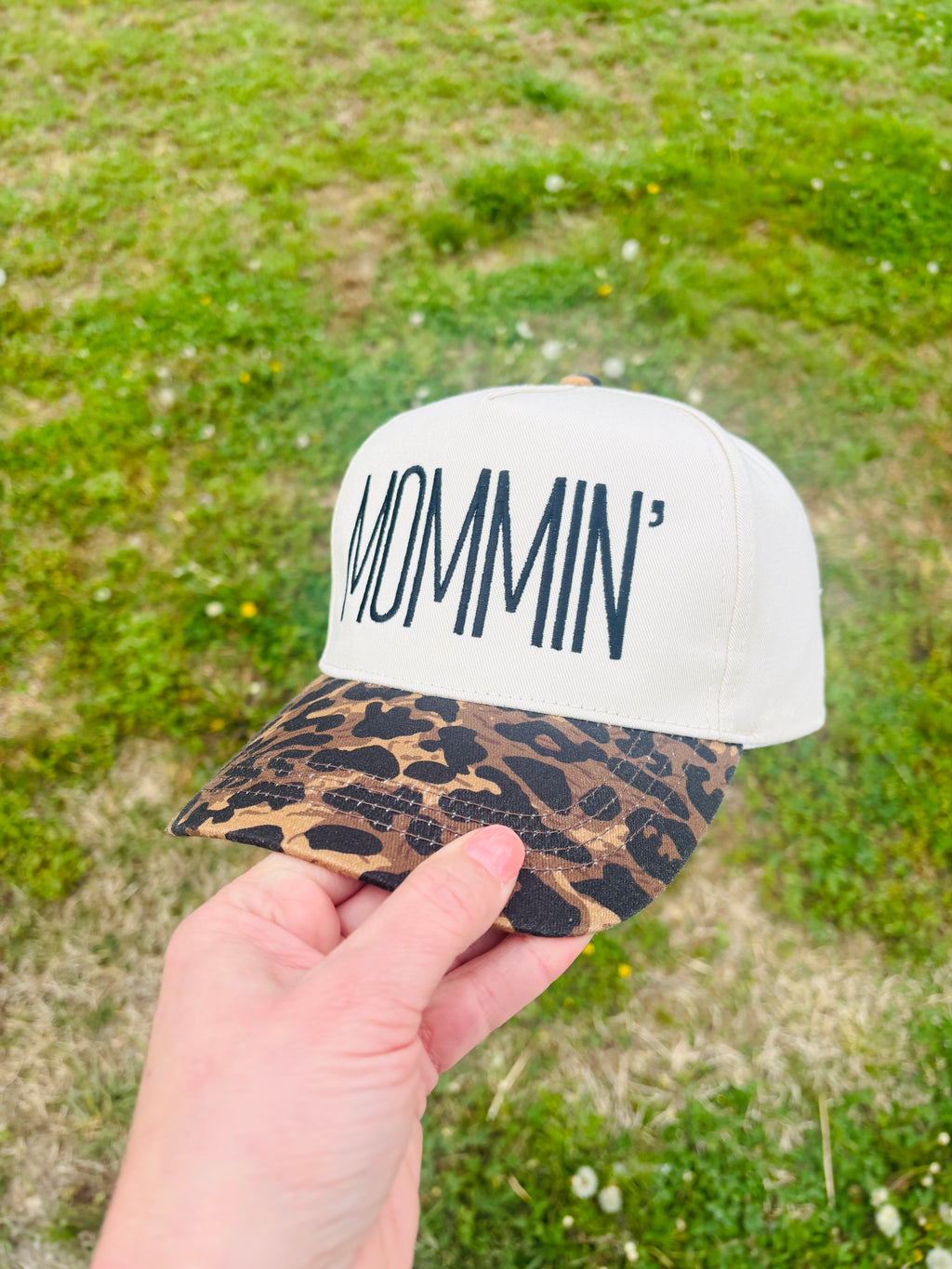 Embroidered Mommin' Ball Cap with Leopard Print Bill  Adjustable Snap Back
