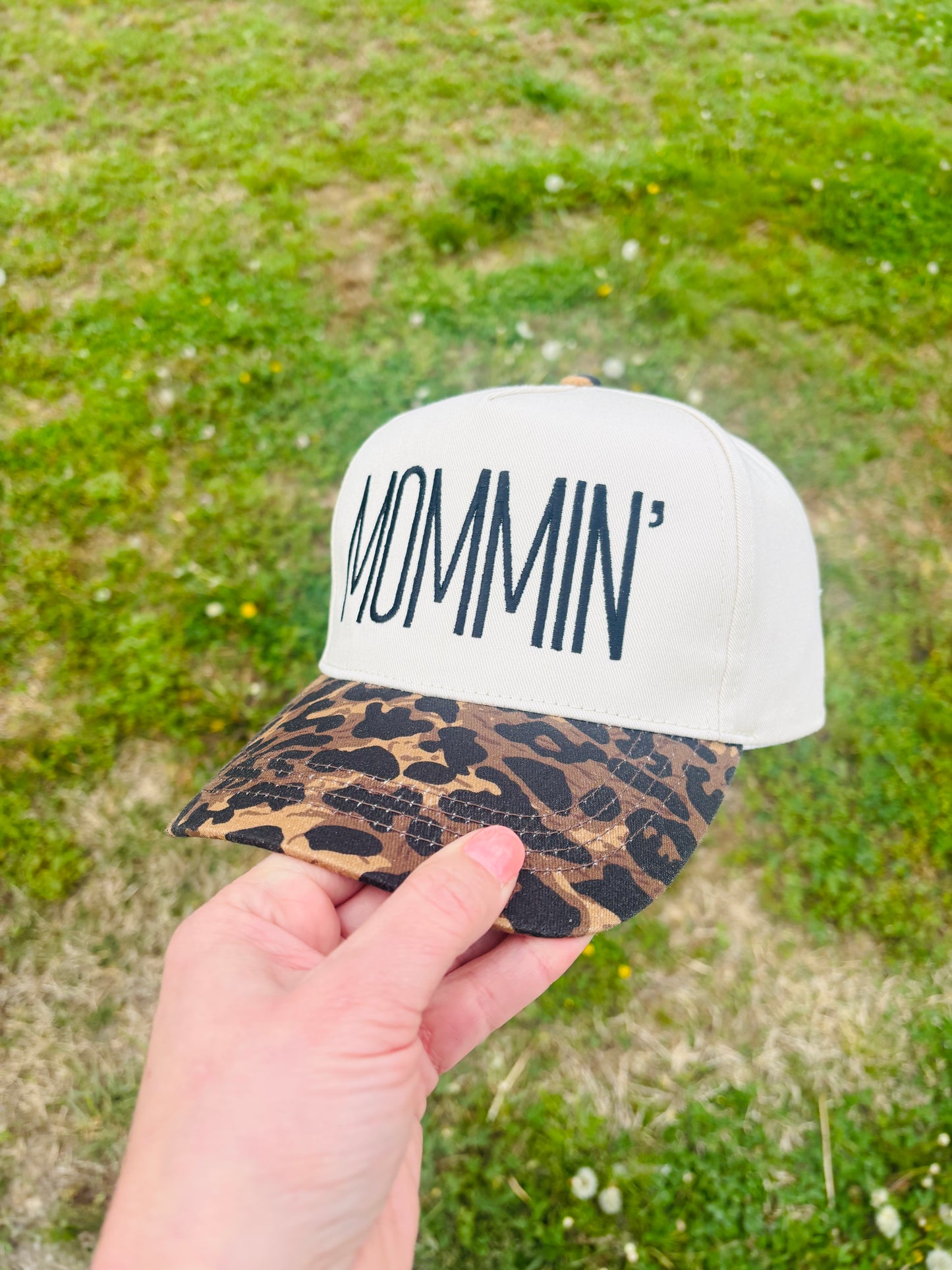 Embroidered Mommin' Ball Cap with Leopard Print Bill  Adjustable Snap Back