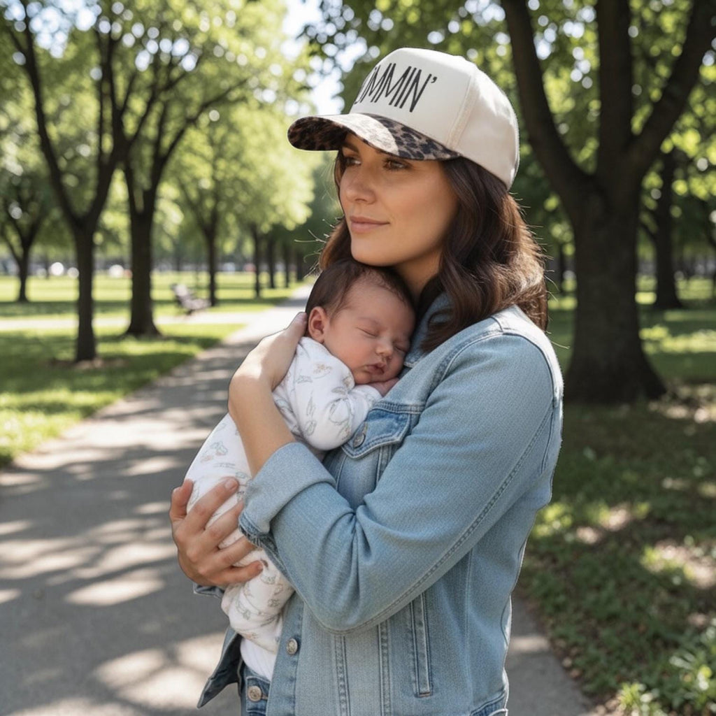 Embroidered Mommin' Ball Cap with Leopard Print Bill  Adjustable Snap Back