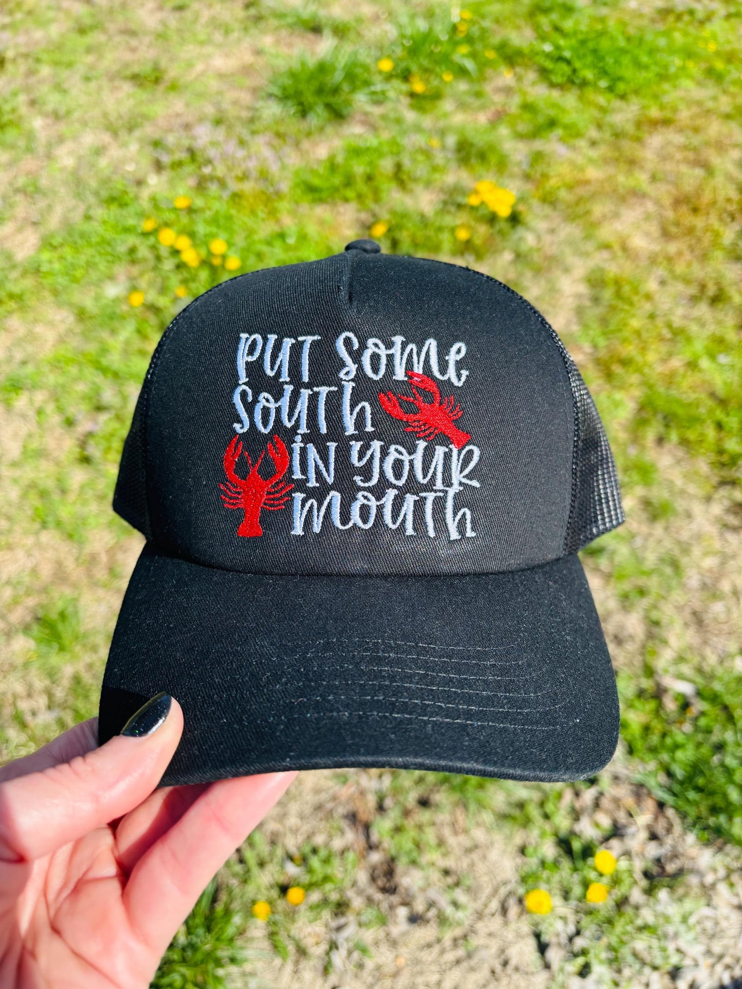 Put Some South in Your Mouth Ball Cap with Mesh and Adjustable Snap Back Crawfish Hat