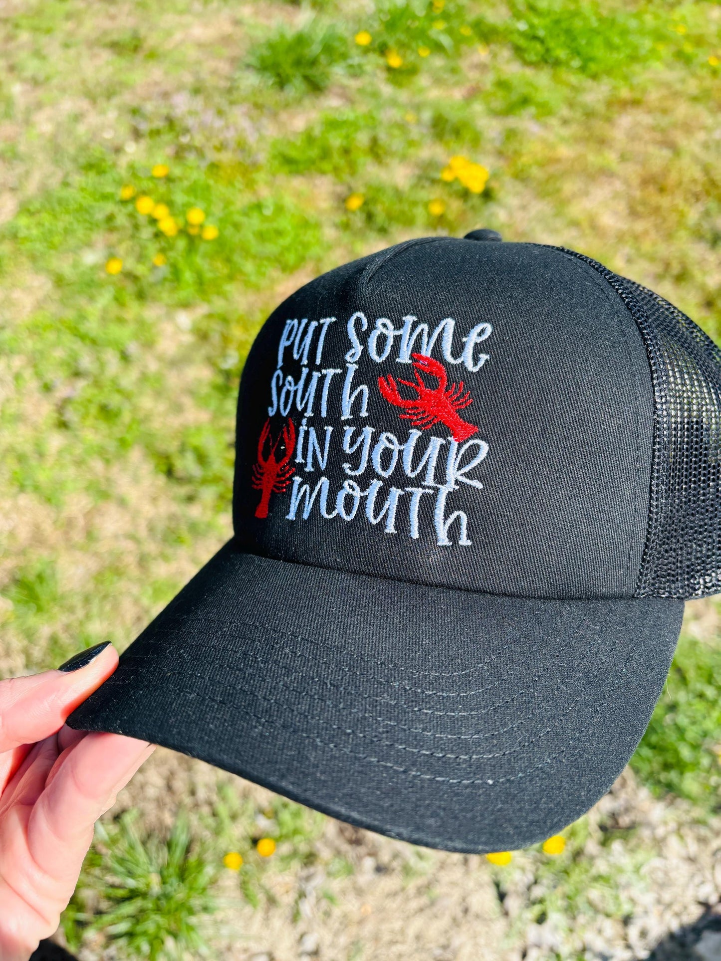 Put Some South in Your Mouth Ball Cap with Mesh and Adjustable Snap Back Crawfish Hat