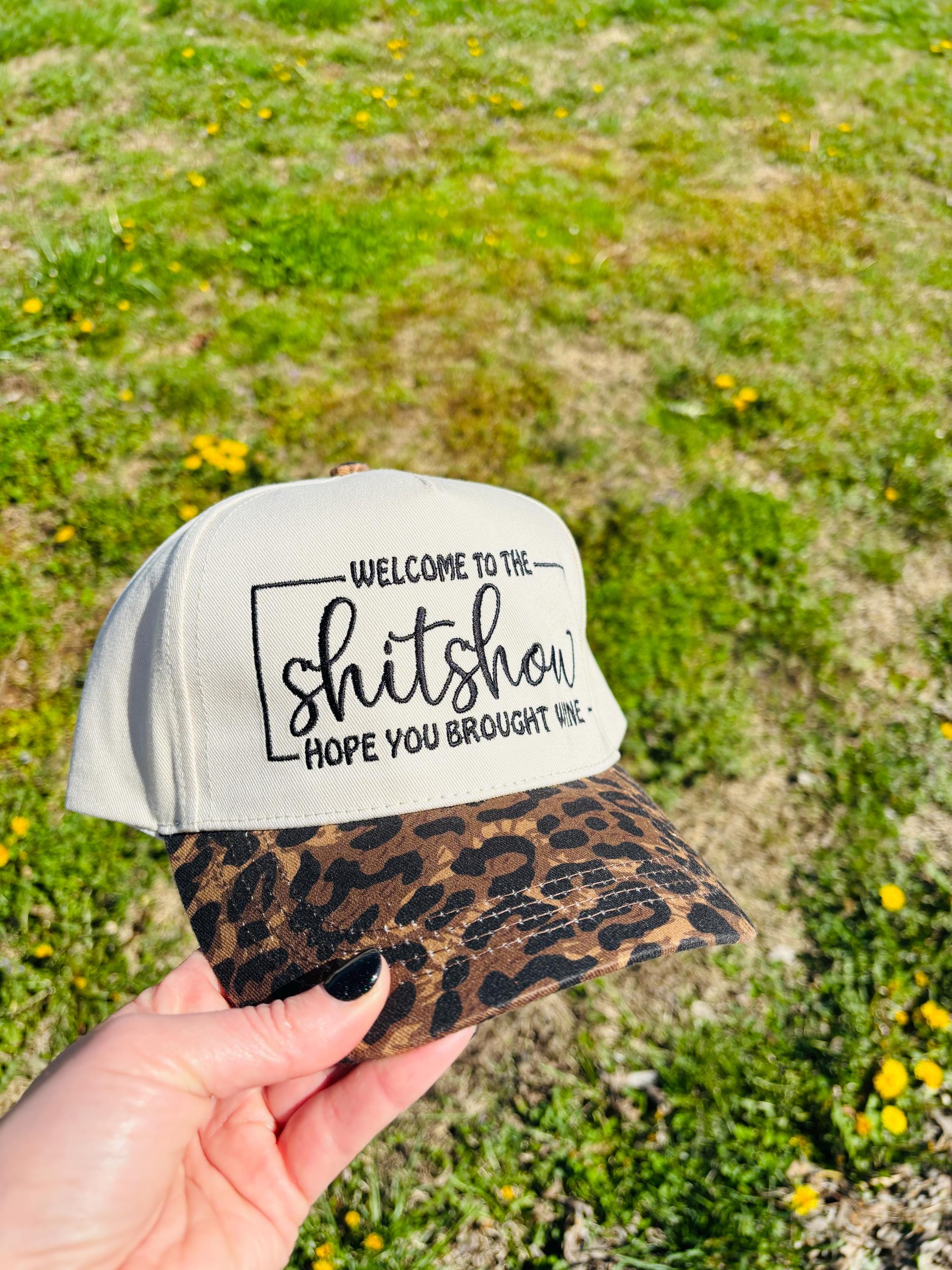 Embroidered Welcome to the Shitshow Hope you Brought Wine Ball Cap with Leopard Print Bill  Adjustable Snap Back