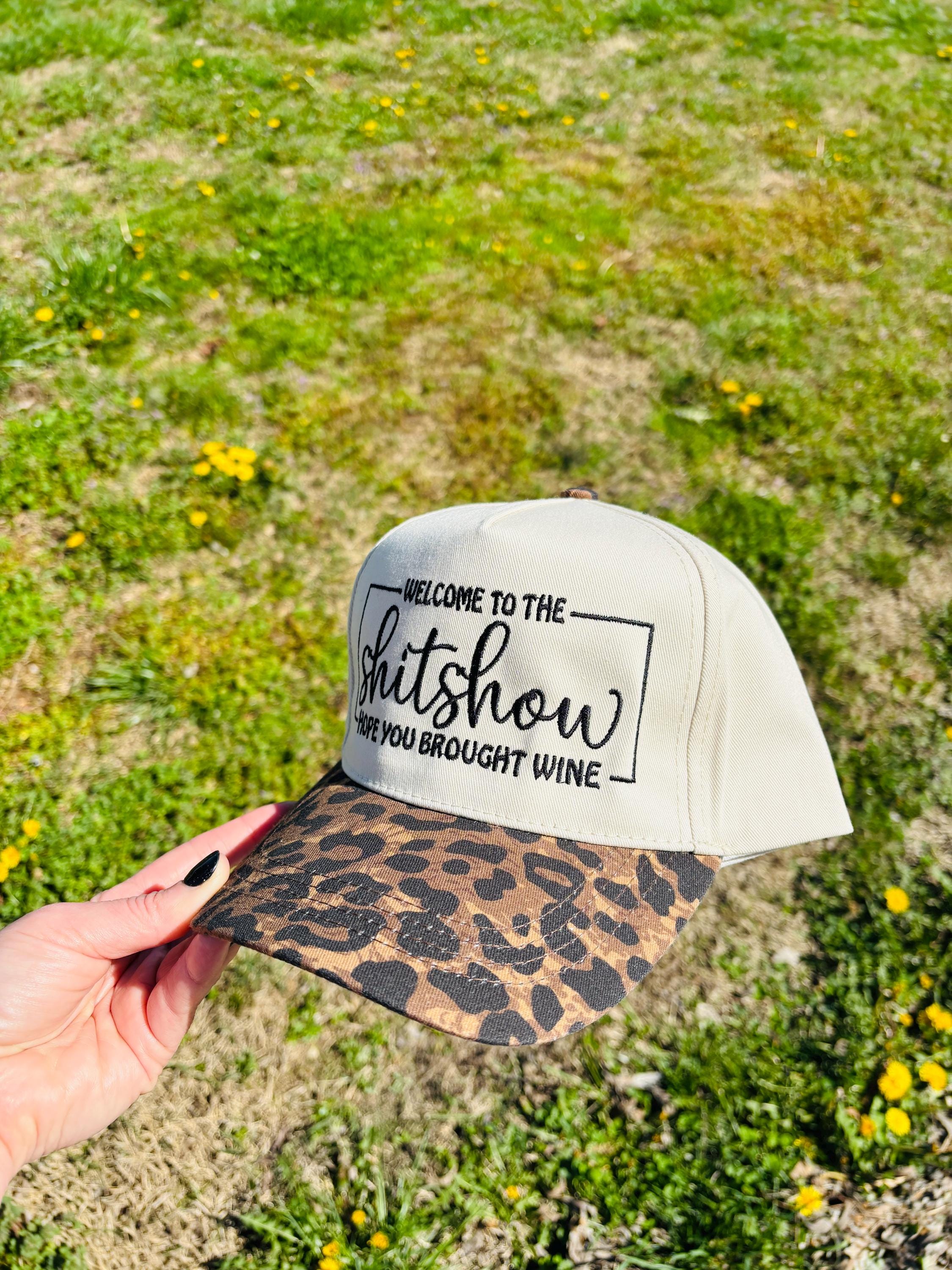 Embroidered Welcome to the Shitshow Hope you Brought Wine Ball Cap with Leopard Print Bill  Adjustable Snap Back