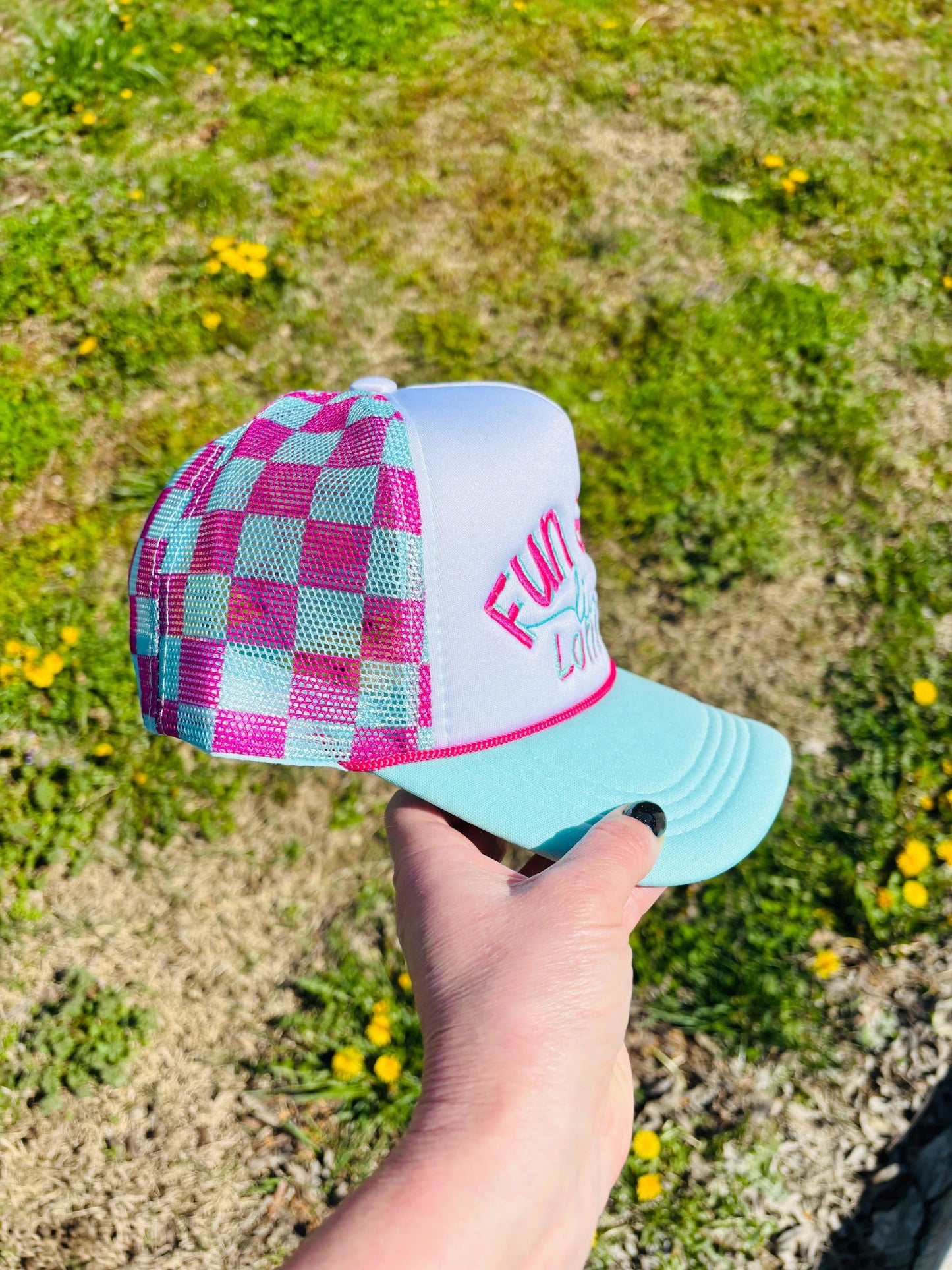 Fun Girls Live Longer Foam Front Checkerboard Mesh Rope Ball Cap with Adjustable Snap Back