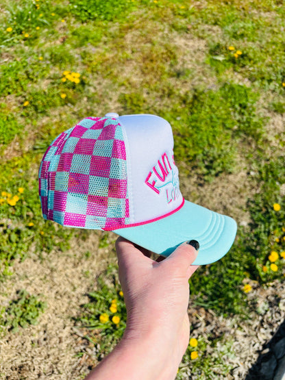 Fun Girls Live Longer Foam Front Checkerboard Mesh Rope Ball Cap with Adjustable Snap Back