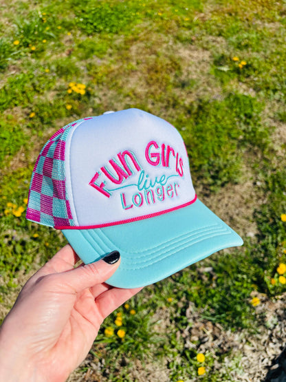 Fun Girls Live Longer Foam Front Checkerboard Mesh Rope Ball Cap with Adjustable Snap Back