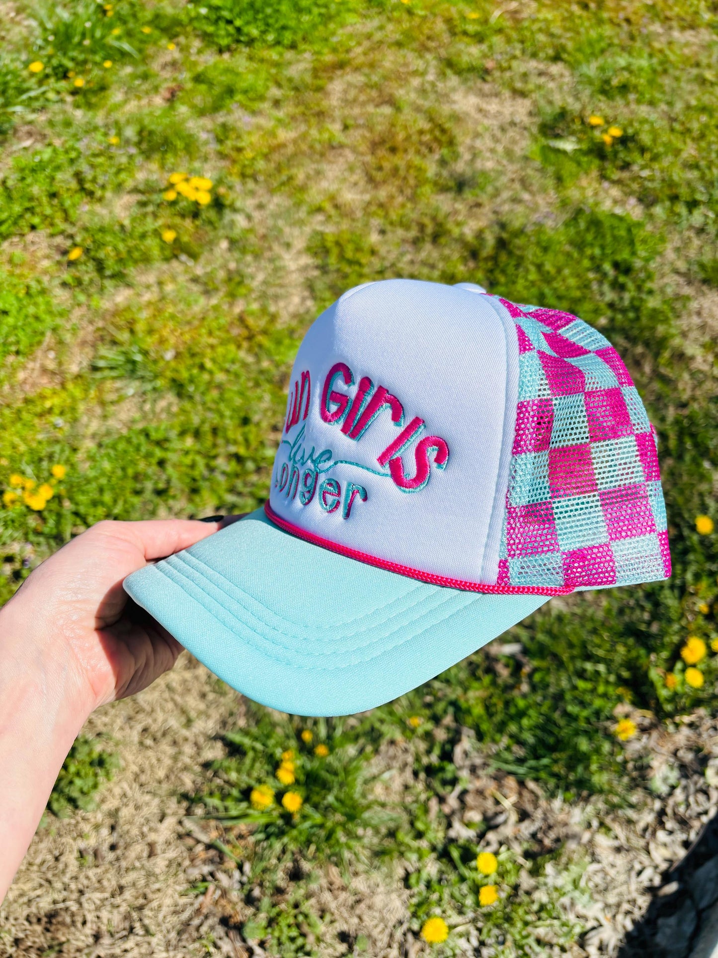 Fun Girls Live Longer Foam Front Checkerboard Mesh Rope Ball Cap with Adjustable Snap Back