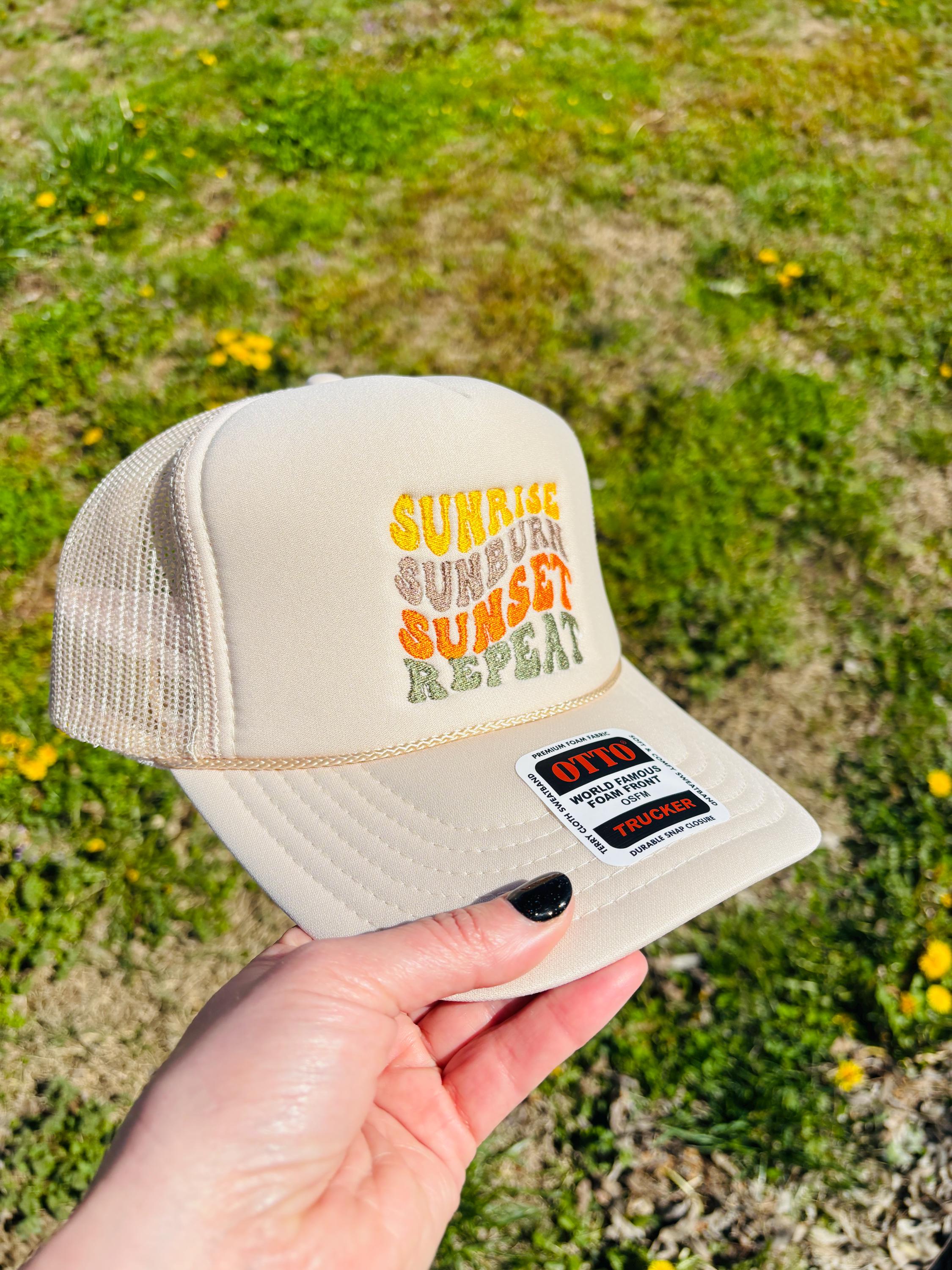 Sunrise Sunburn Sunset Repeat Foam Front Trucker Hat with Adjustable Snap Back
