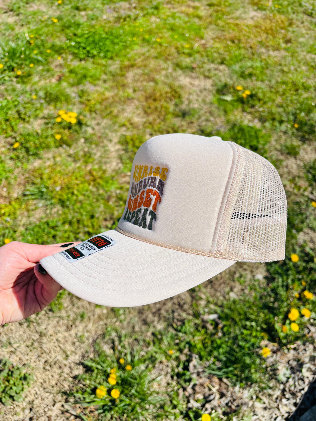 Sunrise Sunburn Sunset Repeat Foam Front Trucker Hat with Adjustable Snap Back