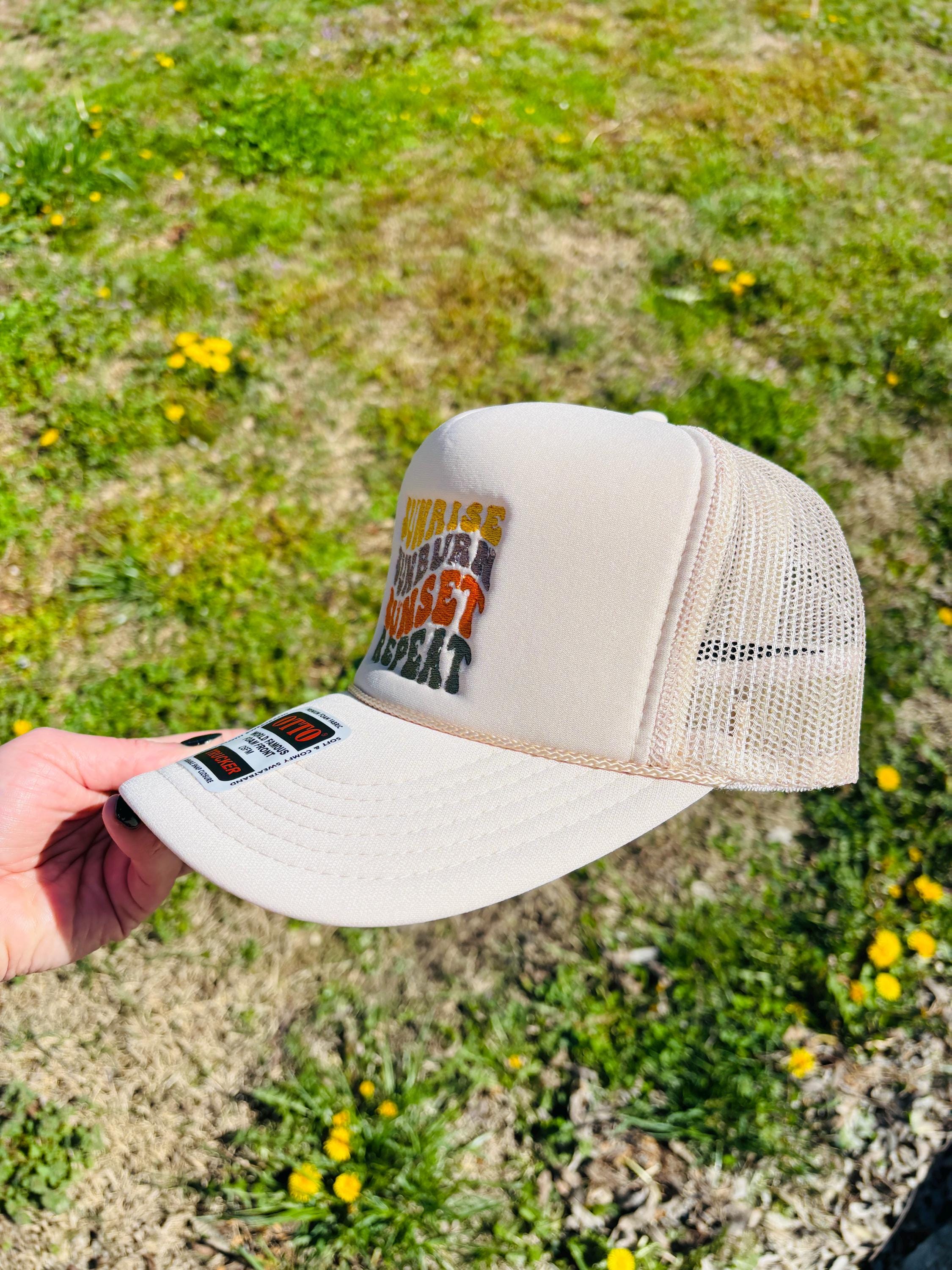 Sunrise Sunburn Sunset Repeat Foam Front Trucker Hat with Adjustable Snap Back
