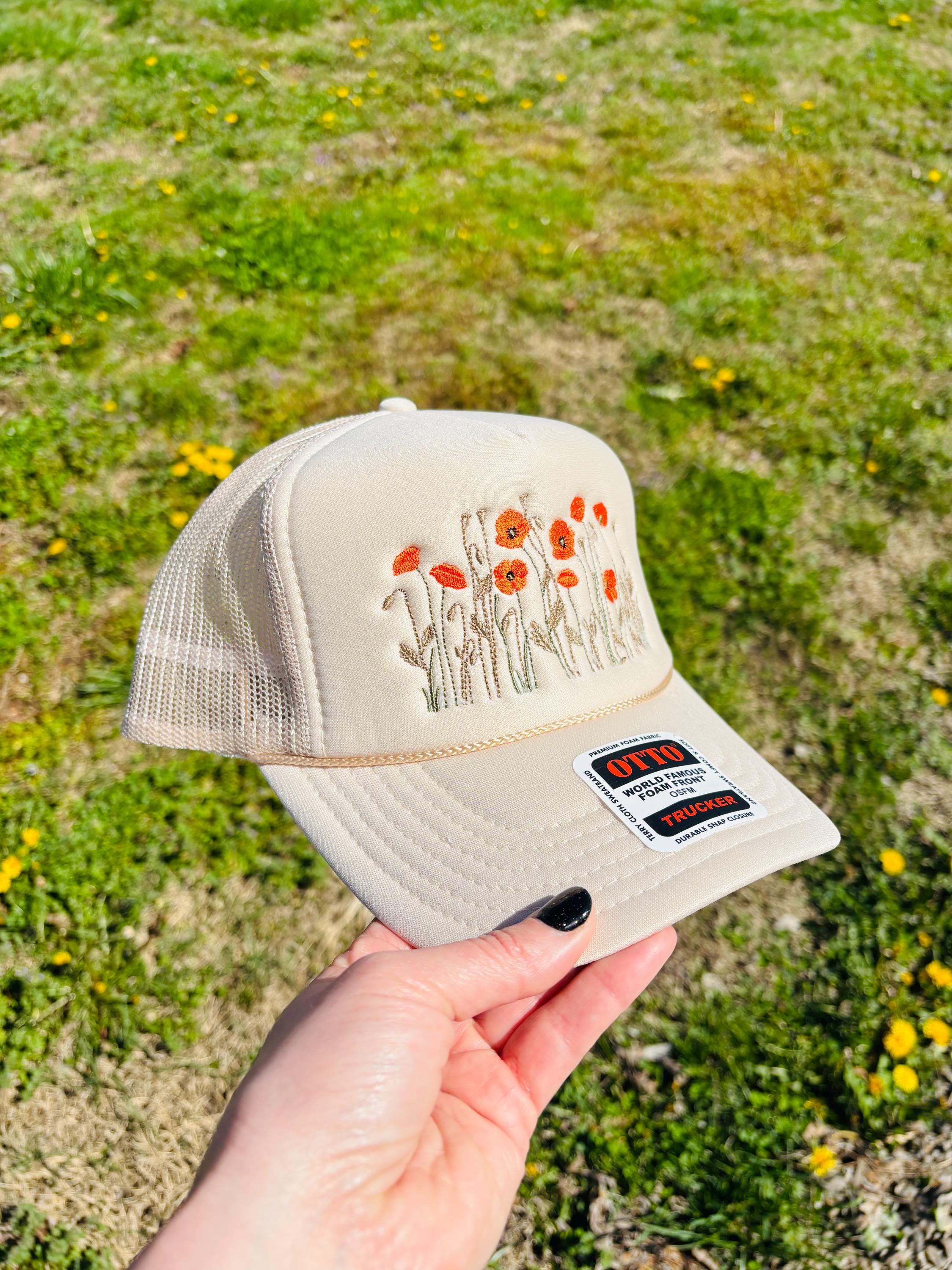 Poppy Flowers Foam Front Rope Trucker Hat with Adjustable Snap Back