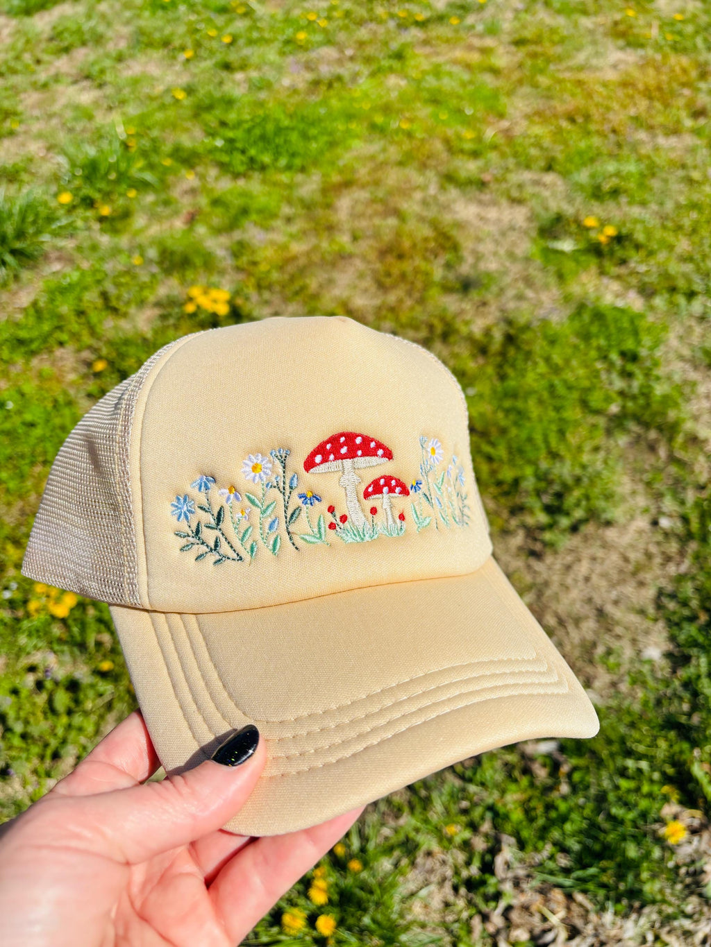 Mushroom Embroidered Foam Front Trucker Hat with Adjustable Snap Back