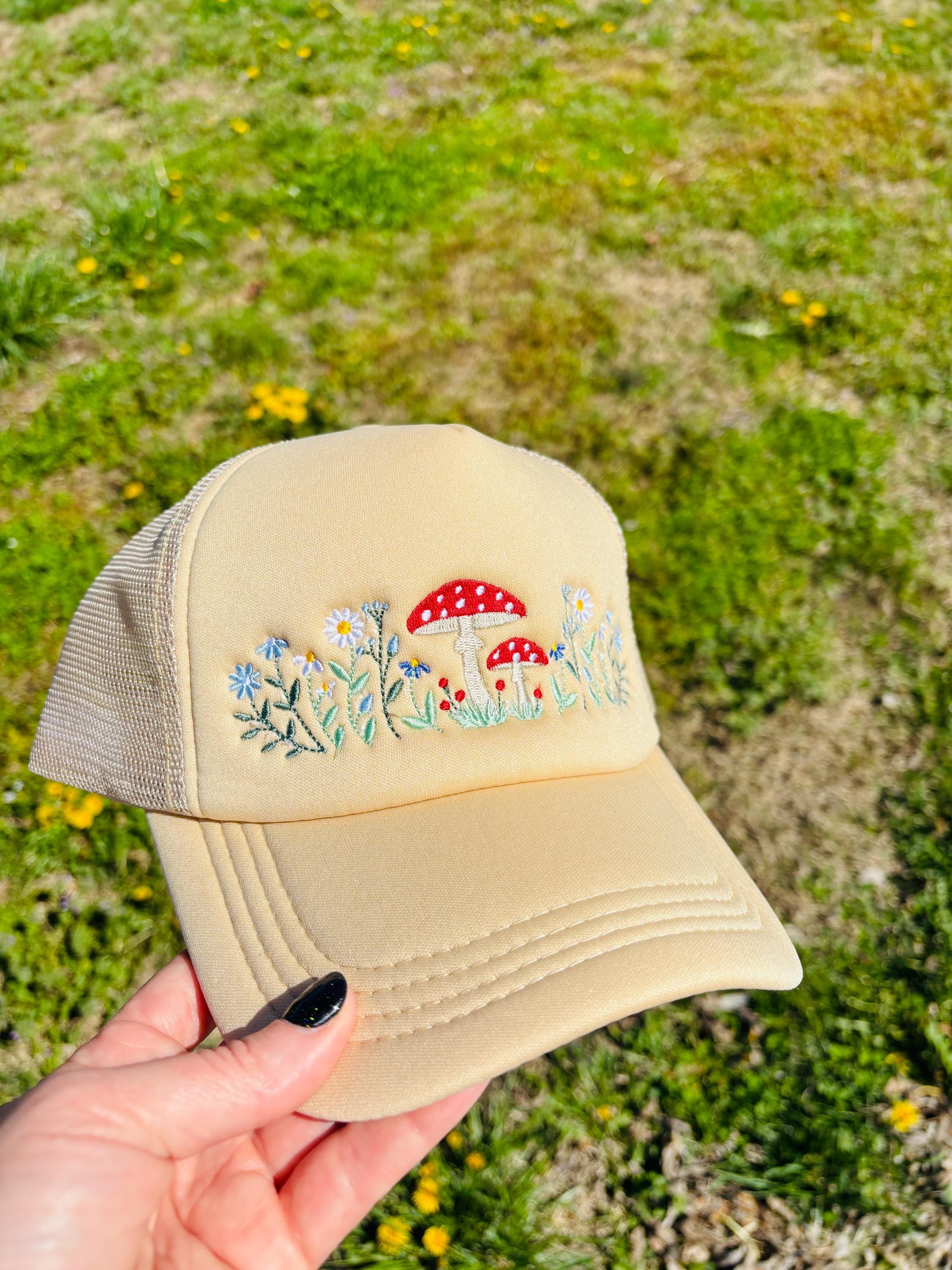 Mushroom Embroidered Foam Front Trucker Hat with Adjustable Snap Back