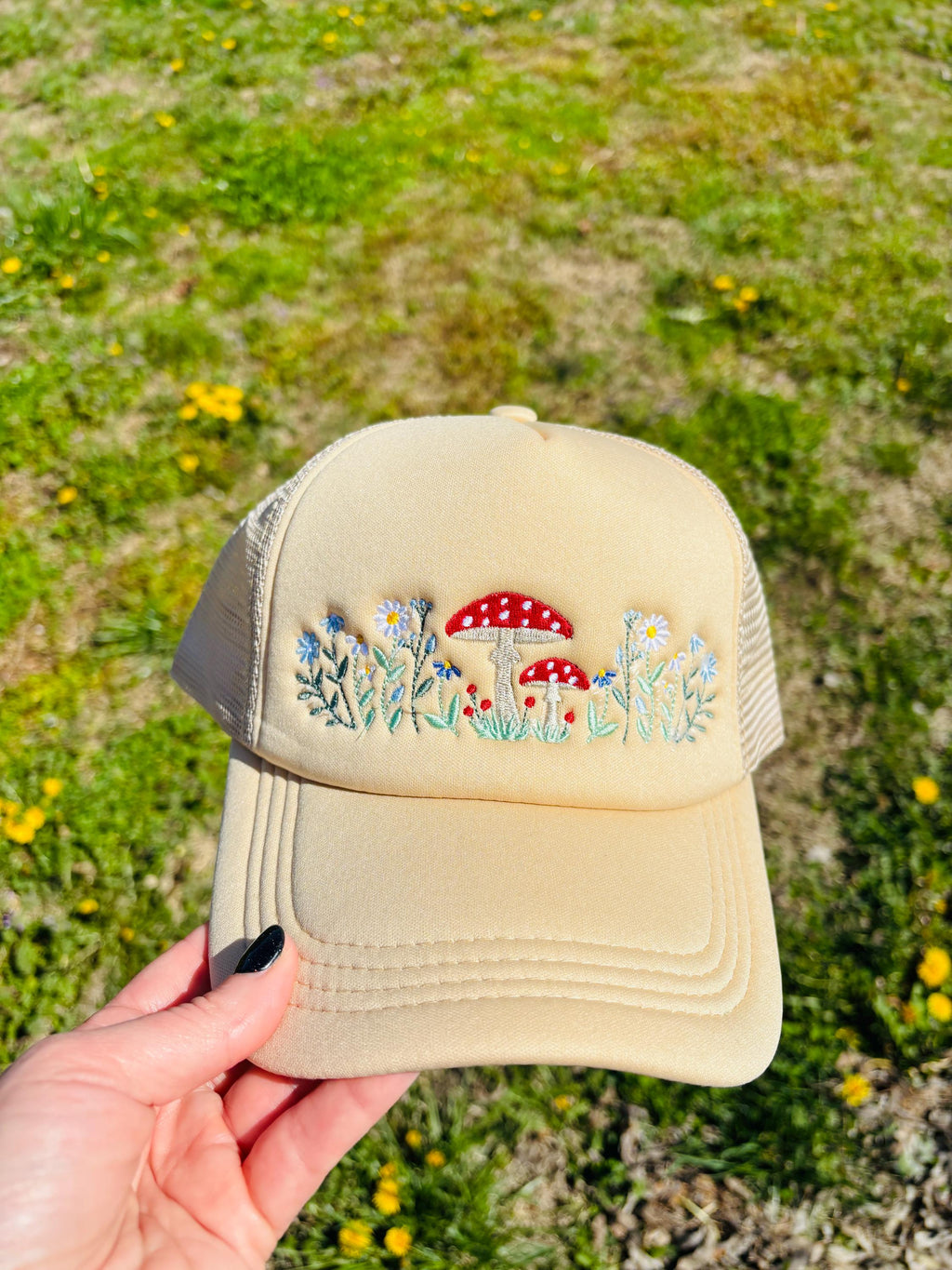 Mushroom Embroidered Foam Front Trucker Hat with Adjustable Snap Back