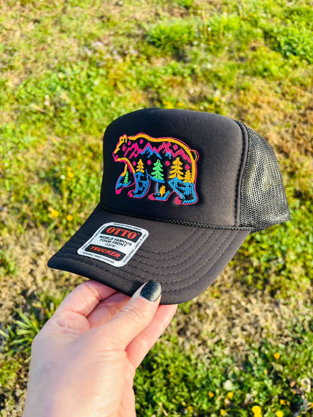 Black and Neon Embroidered Nature Bear Otto Foam Front Rope Trucker Hat with Adjustable Snap Back