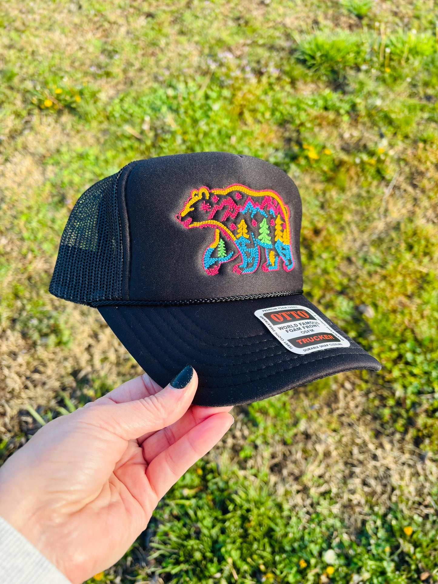 Black Neon Embroidered Nature Bear Otto Foam Front Rope Trucker Hat with Adjustable Snap Back