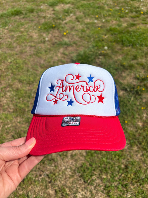 America 4th of July Embroidered Foam Front Rope Trucker Hat with Adjustable Snap Back