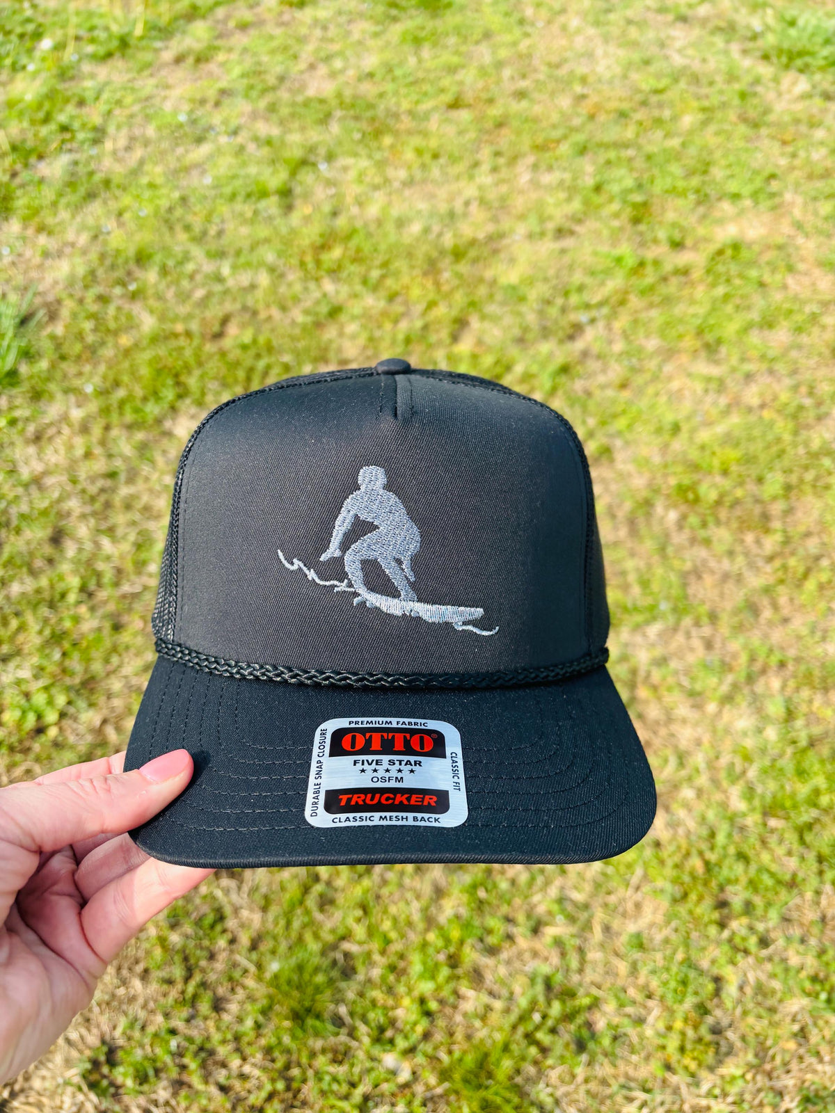 Embroidered Surfer Silhouette Trucker Hat with Rope  Charcoal Metallic Thread