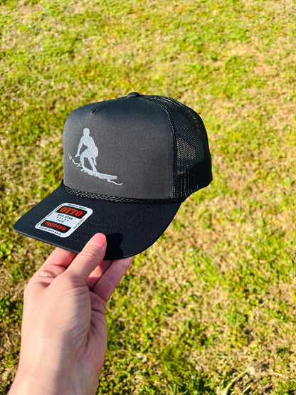 Embroidered Surfer Silhouette Trucker Hat with Rope  Charcoal Metallic Thread