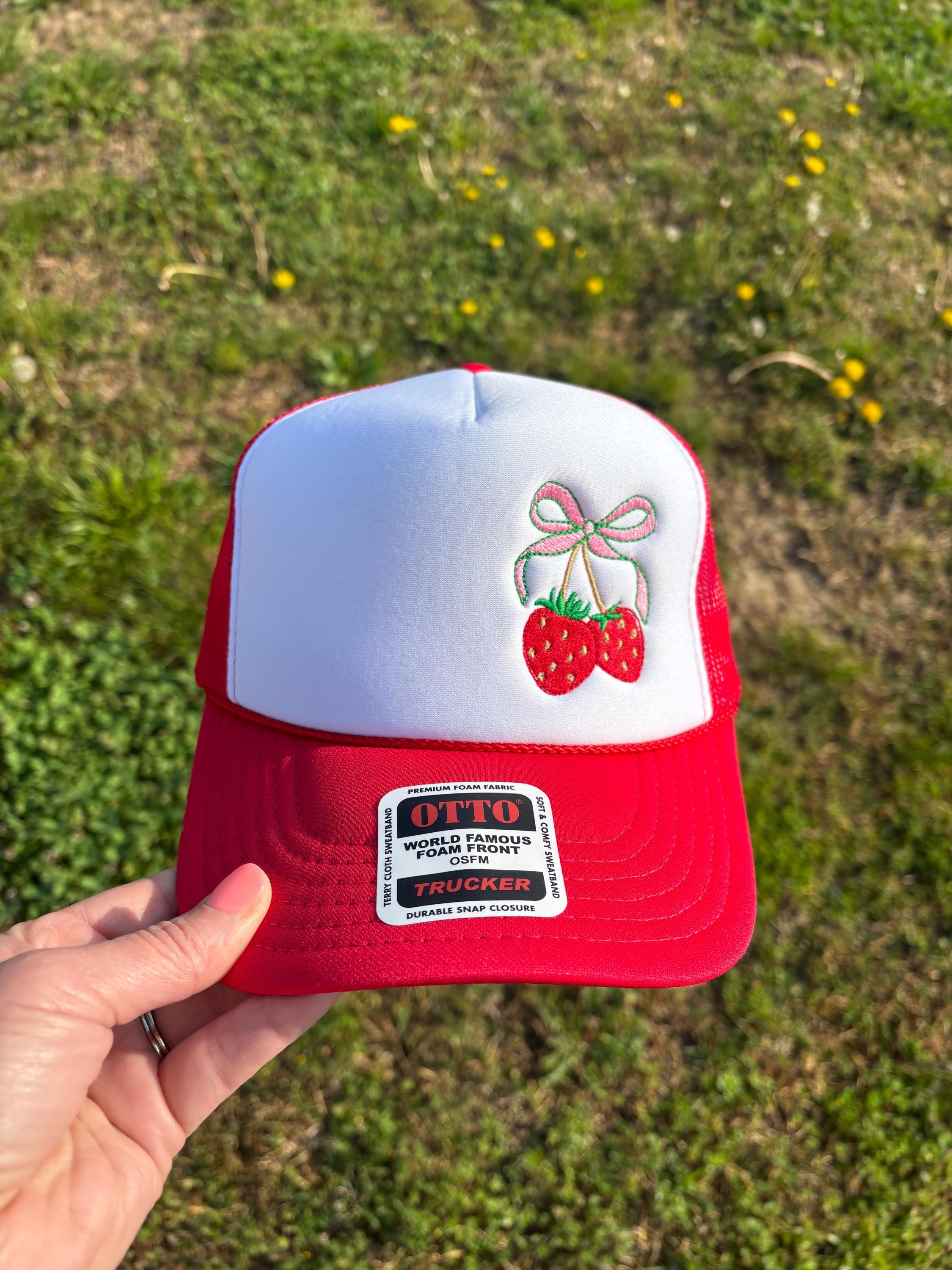 Strawberries with Bow Cottage Core Foam Front Rope Trucker Hat with Adjustable Snap Back