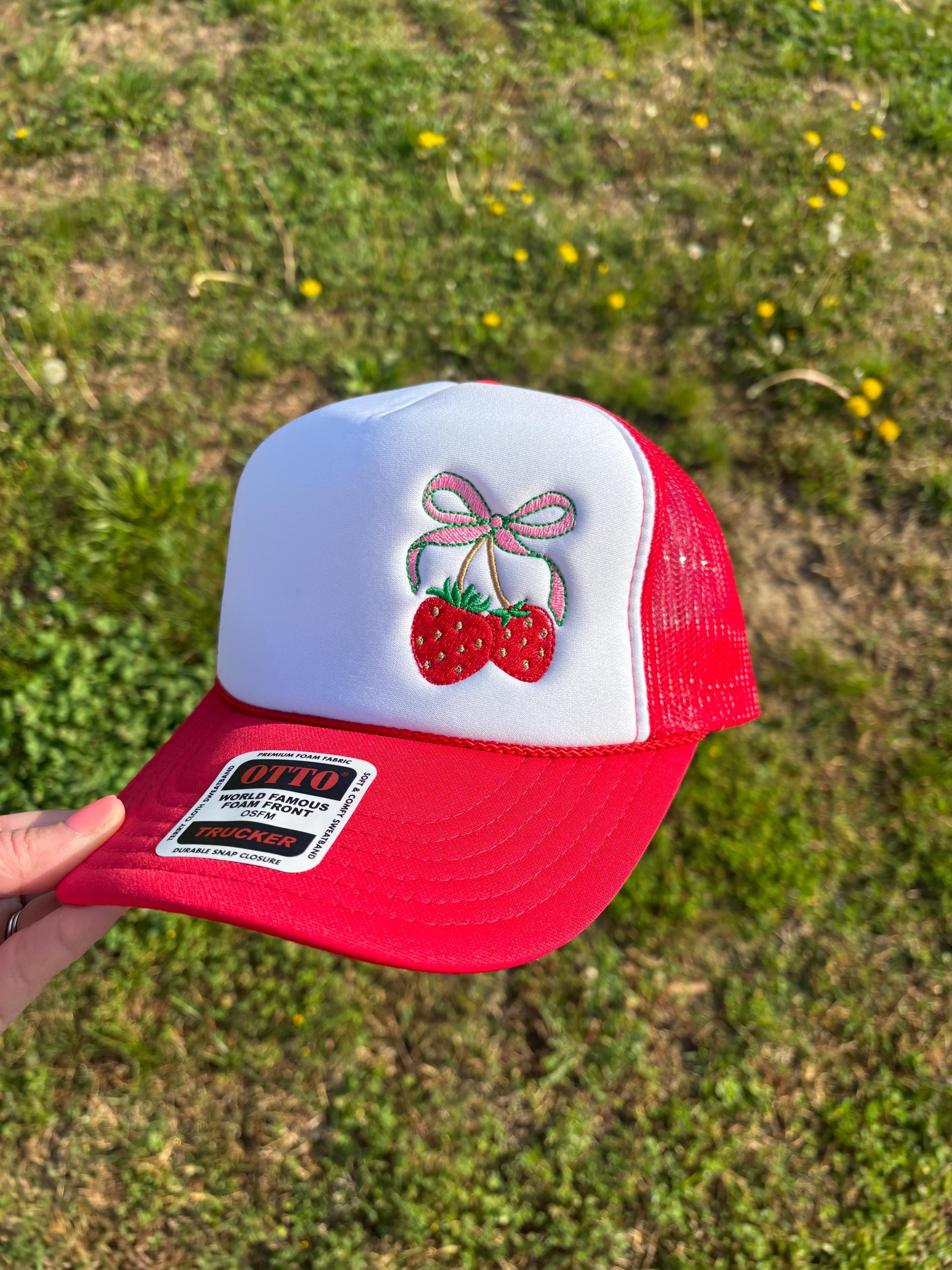 Strawberries with Bow Cottage Core Foam Front Rope Trucker Hat with Adjustable Snap Back