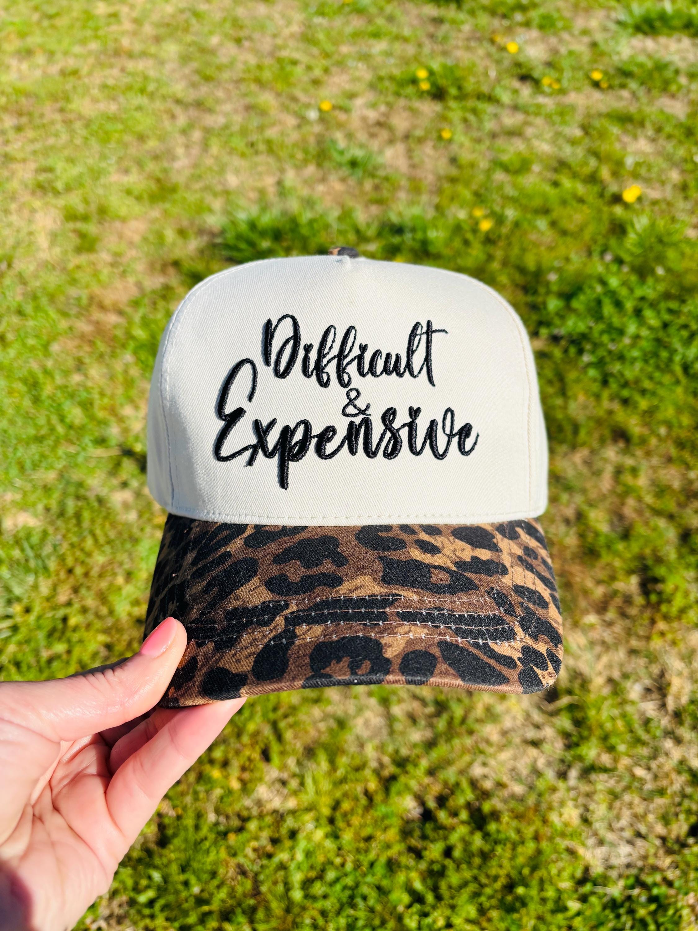 Difficult and Expensive Embroidered Ball Cap with Leopard Print Bill  Adjustable Snap Back Hat