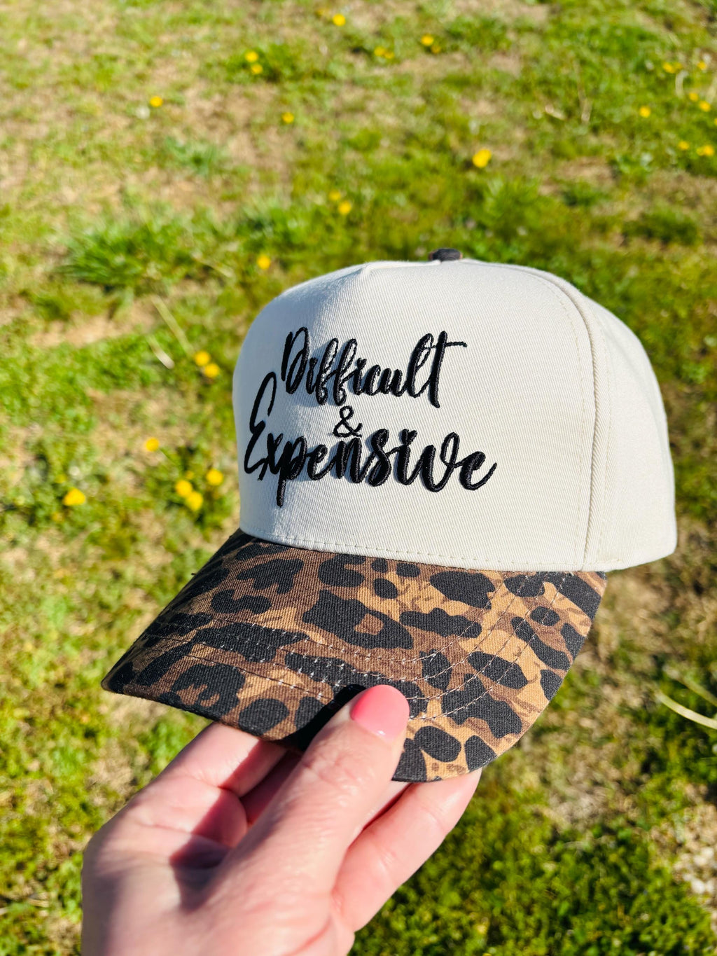 Difficult and Expensive Embroidered Ball Cap with Leopard Print Bill  Adjustable Snap Back Hat
