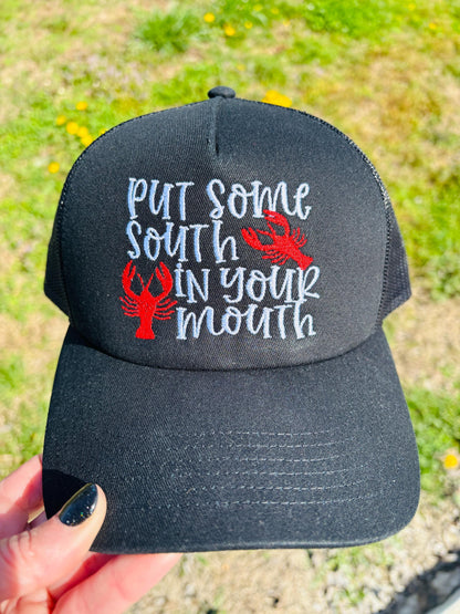 Put Some South in Your Mouth Ball Cap with Mesh and Adjustable Snap Back Crawfish Hat