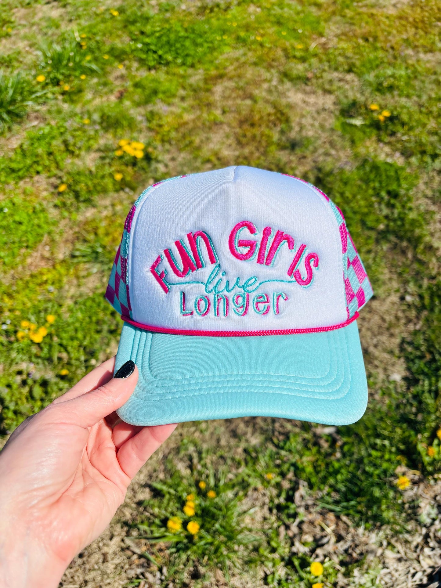 Fun Girls Live Longer Foam Front Checkerboard Mesh Rope Ball Cap with Adjustable Snap Back