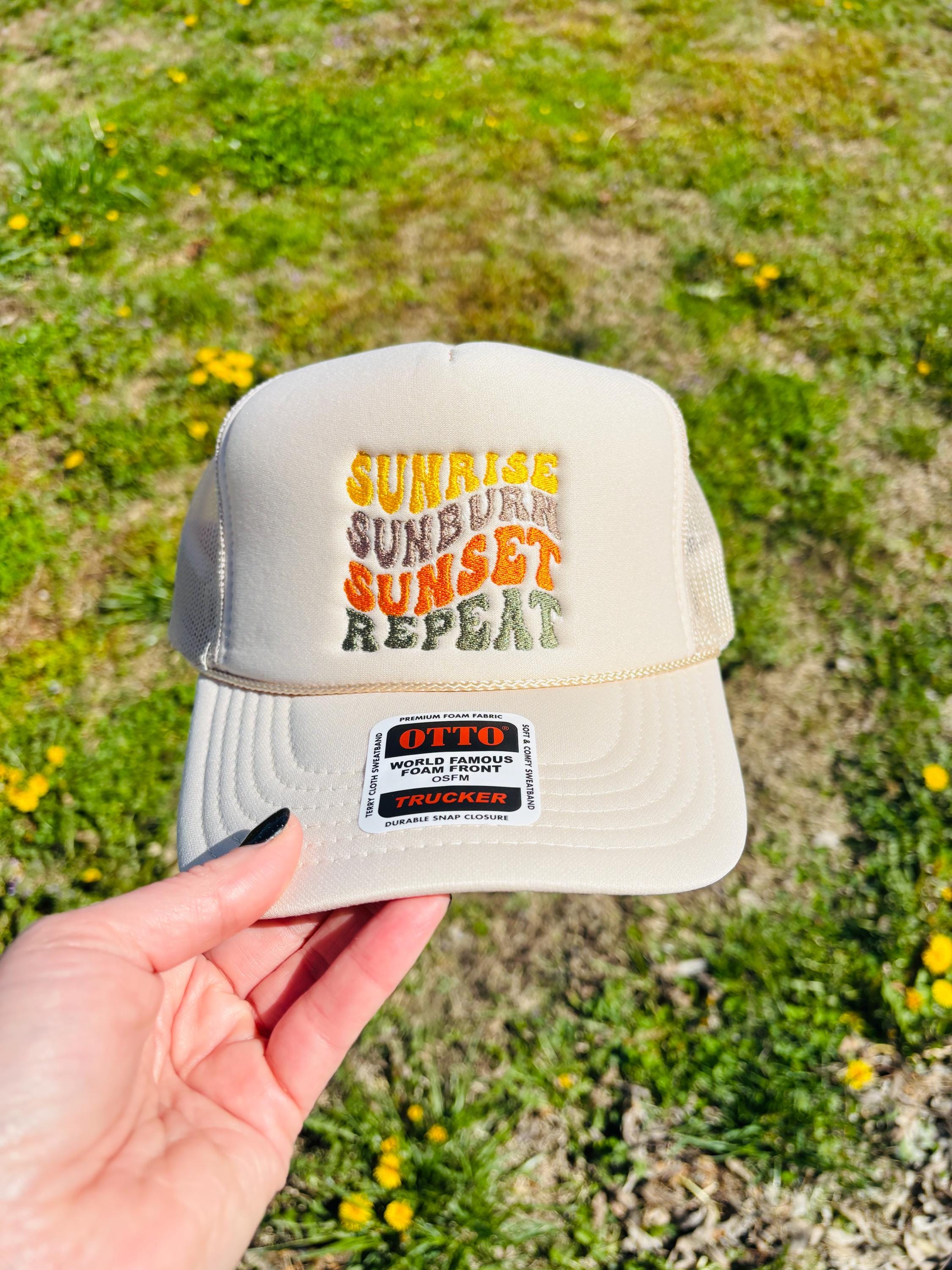 Sunrise Sunburn Sunset Repeat Foam Front Trucker Hat with Adjustable Snap Back