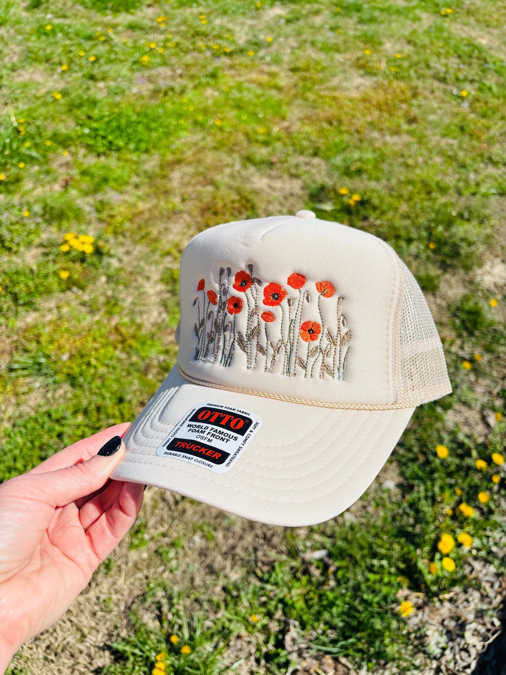 Poppy Flowers Foam Front Rope Trucker Hat with Adjustable Snap Back