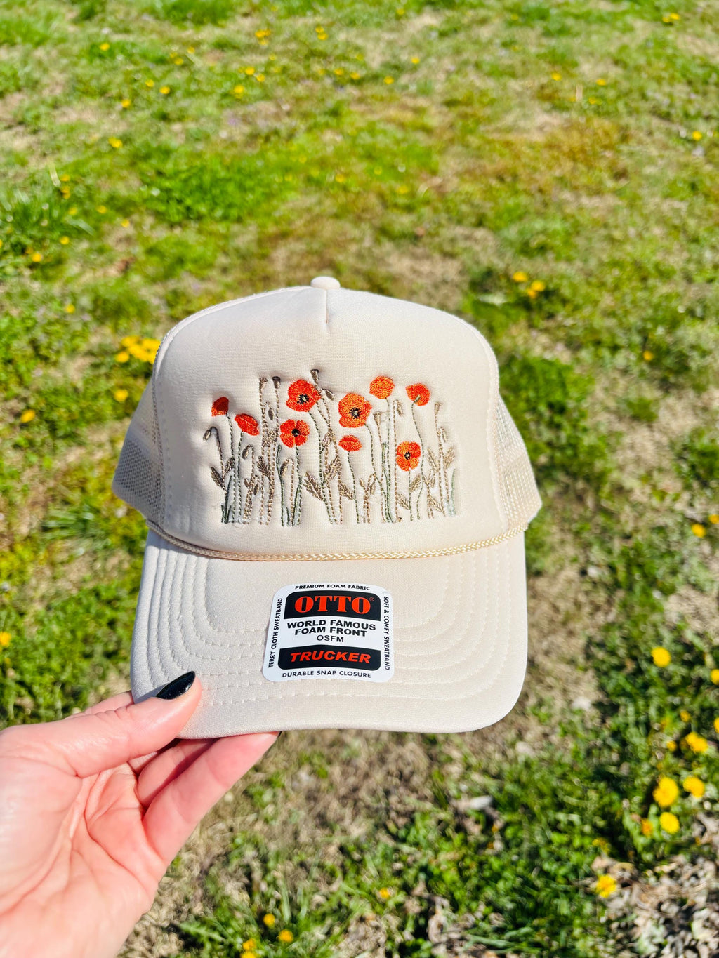 Poppy Flowers Foam Front Rope Trucker Hat with Adjustable Snap Back