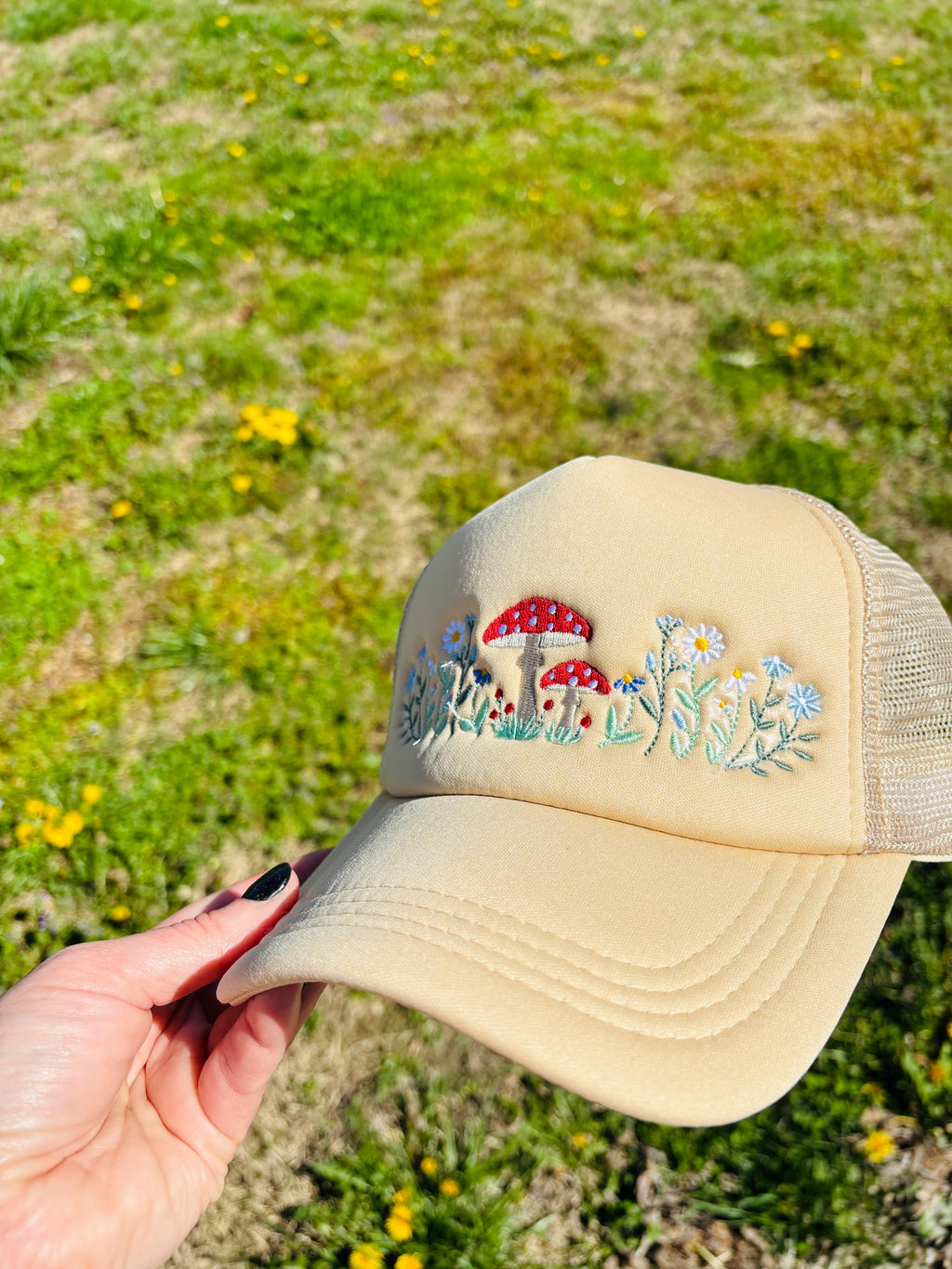 Mushroom Embroidered Foam Front Trucker Hat with Adjustable Snap Back