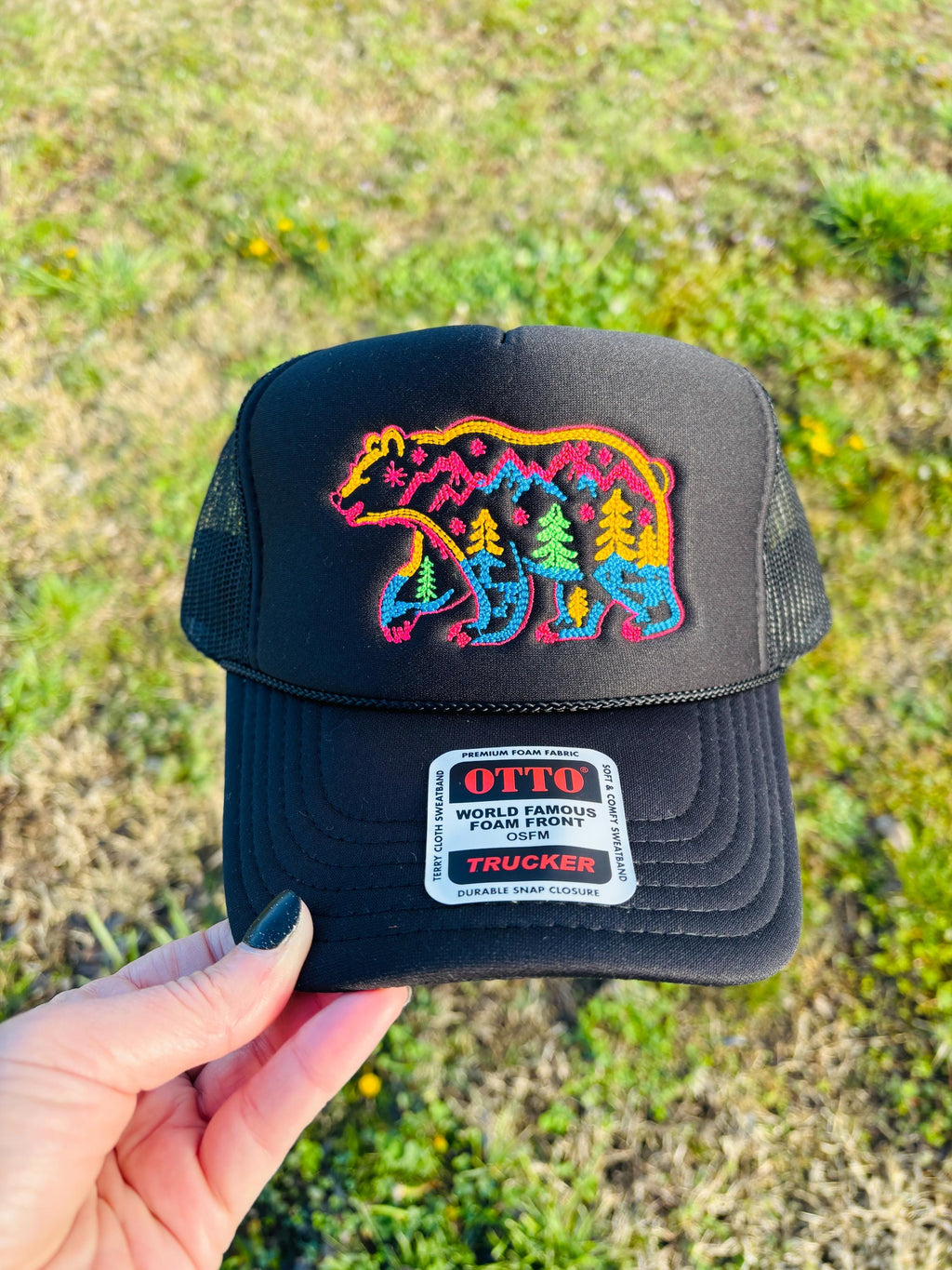Black and Neon Embroidered Nature Bear Otto Foam Front Rope Trucker Hat with Adjustable Snap Back