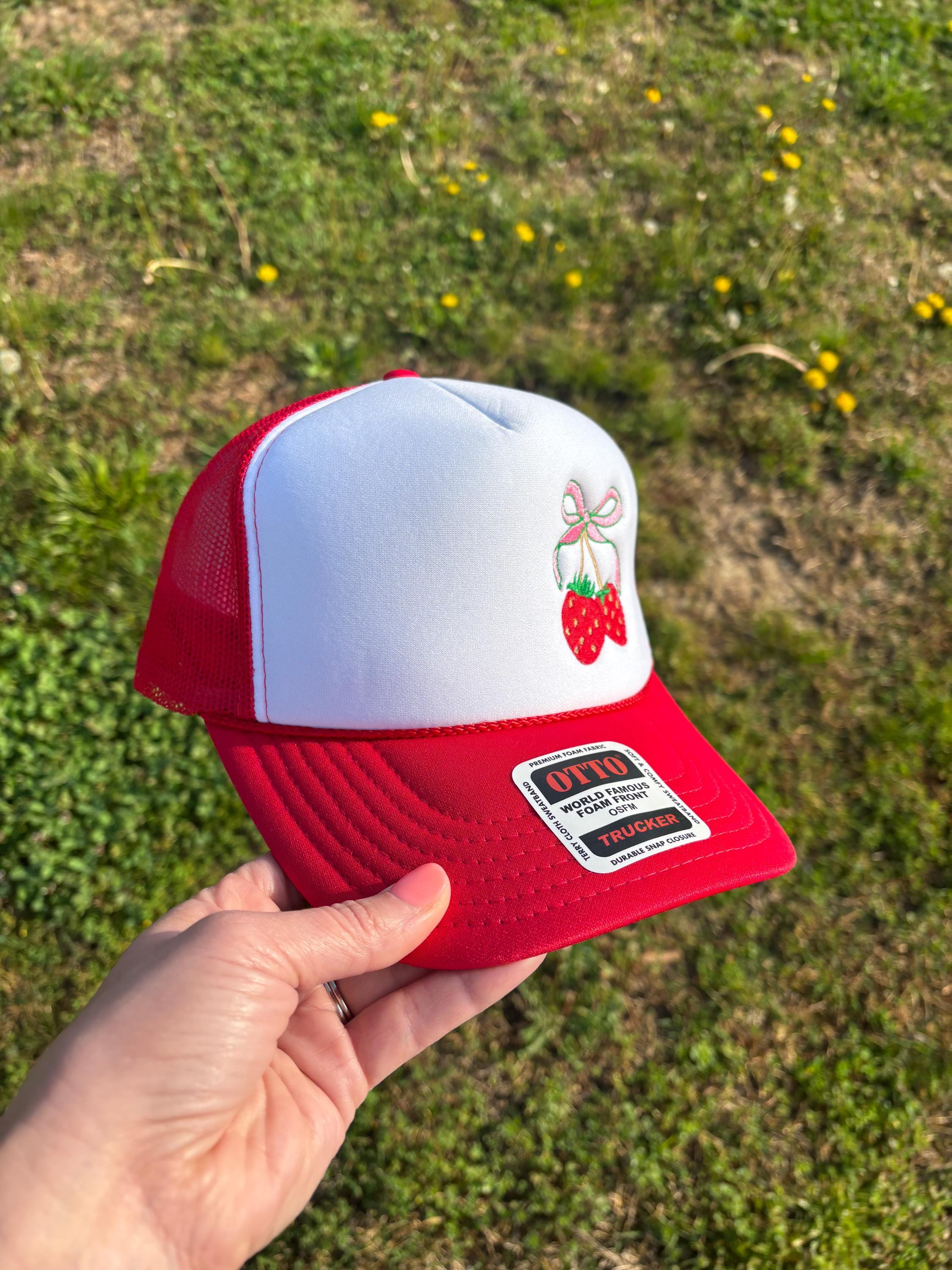 Strawberries with Bow Cottage Core Foam Front Rope Trucker Hat with Adjustable Snap Back